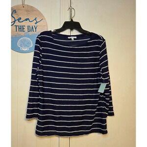 Hillard & Hanson Navy Blue White Striped Pom Pom Trim 3/4 Sleeve Top XL NWT